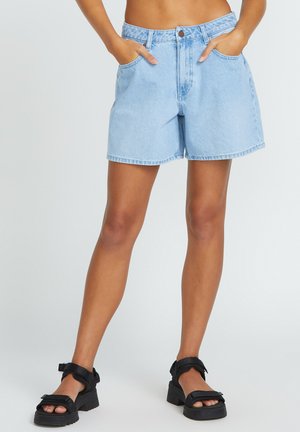 Shorts in denim azzurro chiaro con vita alta, dotati di tasche anteriori, chiusura con bottone e orlo arrotolato. Indossati con sandali a piattaforma neri.
