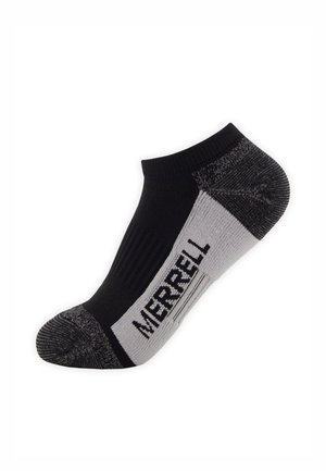Chaussette de sport noire et grise à coupe basse avec rembourrage et le mot "MERRELL" écrit sur le côté.