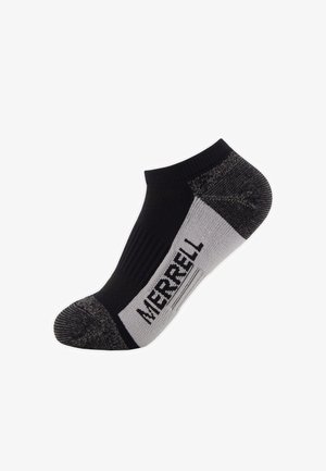 Czarna i szara niska sportowa skarpetka z amortyzacją i napisem "MERRELL" po boku.