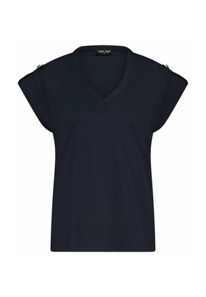Marineblauwe V-hals T-shirt met kapmouwen, gemaakt van zachte stof, heeft subtiele schouderaccenten en een relaxed fit. Geen zichtbare patronen of texturen.
