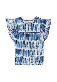 Lätt, blå och vit tie-dye blus med korta volangärmar, rund halsringning och en fin kant längs axlarna och nederkanten.