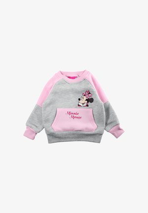 Sweatshirt gris avec manches raglan roses, doté d'une poche avant et d'un graphisme Minnie Mouse avec des accents à pois.