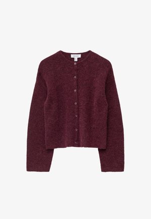Burgunderfarbene, kurz geschnittene Strickjacke aus weichem, strukturiertem Stoff mit Rundhalsausschnitt und sechs vorderen Knöpfen. Sie hat lange Ärmel und ein schlichtes Design.