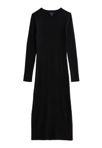 Schwarzes, geripptes Langarmkleid mit Rundhalsausschnitt, das eine taillierte Silhouette und seitliche Schlitze am Saum aufweist. Weiches, dehnbares Material.