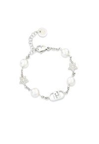 Bracelet en argent avec perles blanches, accents en forme d'étoile et fermoir à ressort. Conception en chaîne maillon avec un médaillon logo.