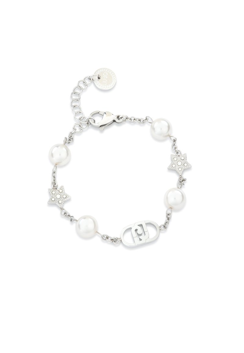 Bracelet en argent avec perles blanches, accents en forme d'étoile et fermoir à ressort. Conception en chaîne maillon avec un médaillon logo.