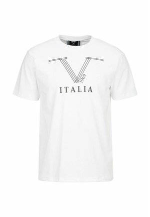 Weißes Baumwoll-T-Shirt mit Rundhalsausschnitt, bedruckt mit schwarzem Text "V 1969 ITALIA" und horizontalen Linienakzenten. Reguläre Passform.
