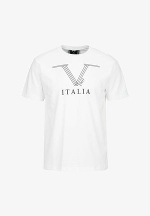 White cotton t-shirt with a crew neck, featuring black printed text "V 1969 ITALIA" and horizontal line accents. Regular fit design.