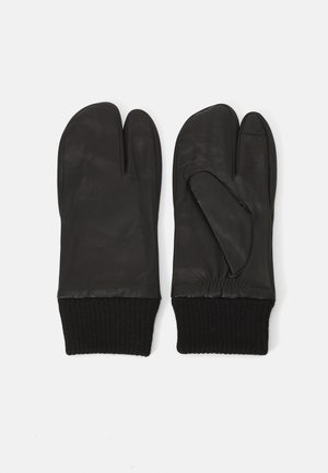 Svarta lädervantar med en delad design för tummen. Ribbad svart stickad manschett, slät textur, och inga synliga mönster eller hårdvarudetaljer.