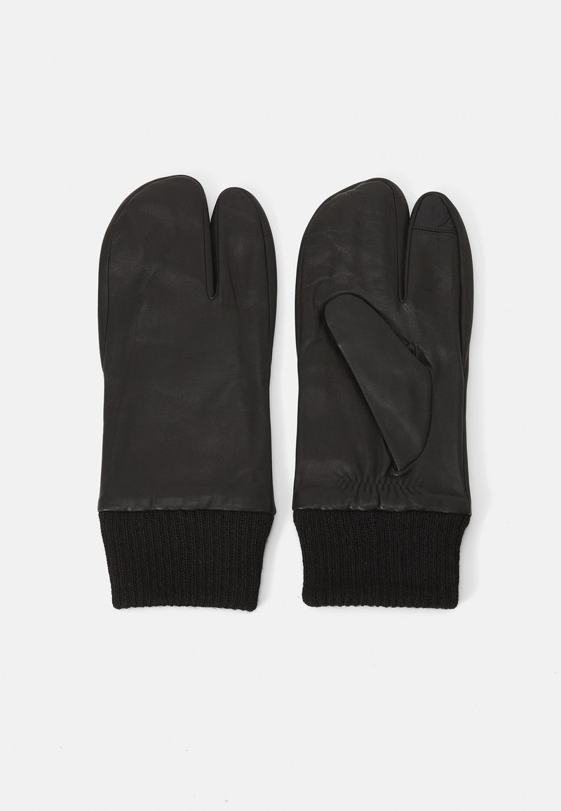 Mustad mustreid nahkkindad eraldi pöidlaga. Ribakudum mustast villast vars, sile tekstuur, ilma nähtavate mustrite või detailideta.