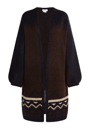 Cardigan maro și bleumarin din lână, cu o croială lejeră, având modele geometrice și guler tip șal, față deschisă și mâneci tip balon.