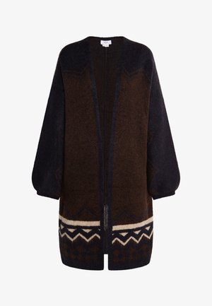 Brauner und marinefarbener Cardigan aus Wolle mit lockerer Passform, der geometrische Muster und einen Schalkragen aufweist, mit offenem Vorderteil und Ballonärmeln.