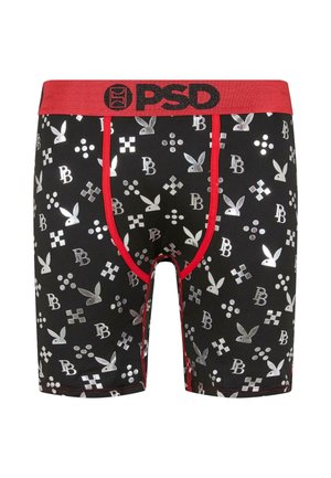 Boxers noirs avec une taille rouge, arborant des lapins Playboy en argent, des motifs à carreaux et des accents de texte. Fabriqués en un matériau lisse et extensible.