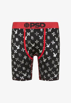 Boxer neri con vita rossa, con coniglietti Playboy argentati, motivi a scacchi e dettagli testuali. Realizzati in un materiale liscio e elastico.