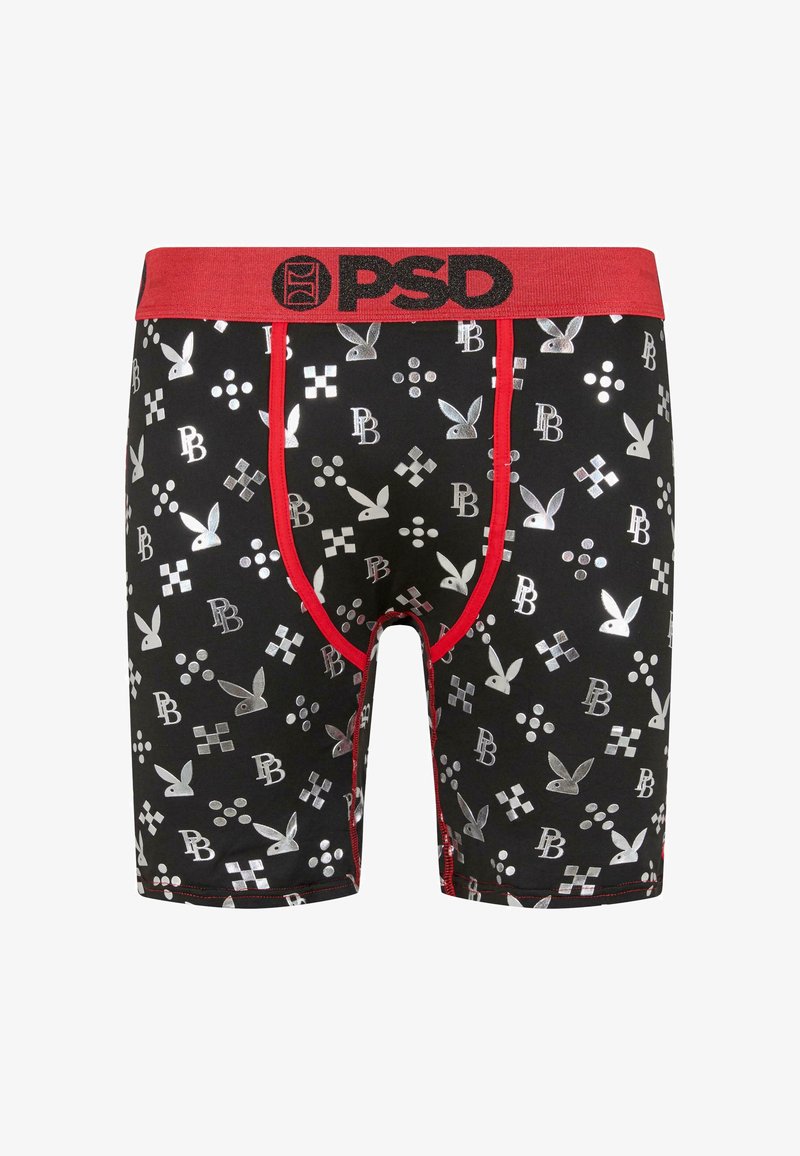 Black boxers with red waistband, featuring silver Playboy bunnies, checker patterns, and text accents. Made of a smooth, stretchy material.