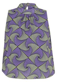 Haut sans manches à col licou avec motif abstrait en spirale en forme d'éventail violet et vert, fermeture par bouton à l'arrière du cou.