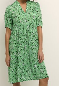 Robe florale verte à manches courtes, col en V, corsage légèrement froncé et jupe à volants. Présente des motifs floraux noirs et blancs.