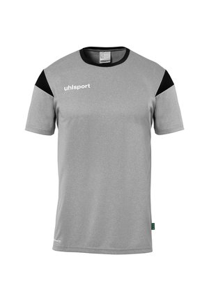 Grå atletisk t-shirt med sorte skulderdetaljer, rund hals, korte ærmer og 'uhlsport' logo i hvidt på fronten. Glat tekstur.