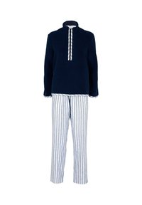 Pile blu navy con mezza cerniera e dettaglio con coulisse, abbinato a pantaloni a righe bianche e blu, con vita elasticizzata.