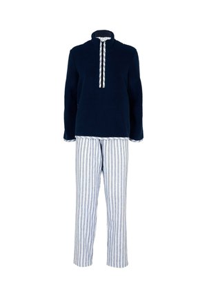 Pile blu navy con mezza cerniera e dettaglio con coulisse, abbinato a pantaloni a righe bianche e blu, con vita elasticizzata.