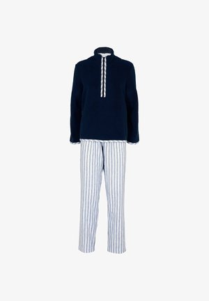Pile blu navy con mezza cerniera e dettaglio con coulisse, abbinato a pantaloni a righe bianche e blu, con vita elasticizzata.