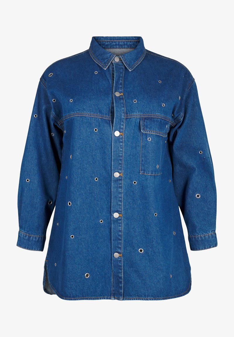 Džinsa krekls tumši zilā krāsā ar pogu aizdari, norādītu apkakli, garām piedurknēm un mazām dekoratīvām metāla acīm visā virsmā.