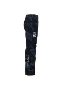 Pantaloni da neve di colore blu scuro con un motivo a stelle, logo Kappa ed emblema USA. Realizzati in tessuto resistente, con una silhouette aderente e vita regolabile.
