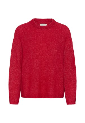 Red knitted sweater with a round neckline, dropped shoulders, and a loose fit. Fabric has a textured, slightly fuzzy appearance.