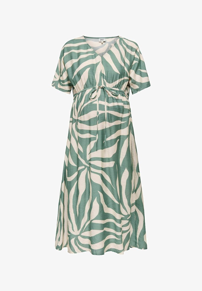Robe midi à manches courtes avec imprimé audacieux de feuilles vertes et beiges, décolleté en V, et détail de ceinture à nouer.