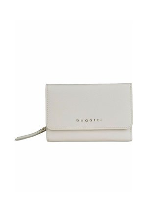 Portefeuille compact en cuir blanc avec rabat avant et fermeture éclair, embossé avec le nom de la marque "bugatti" en petites lettres.