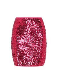 Testhezálló miniszoknya, amelyet rózsaszín flitterek borítanak teljes felületén, sima derékpánttal és elegáns, henger alakú kialakítással.