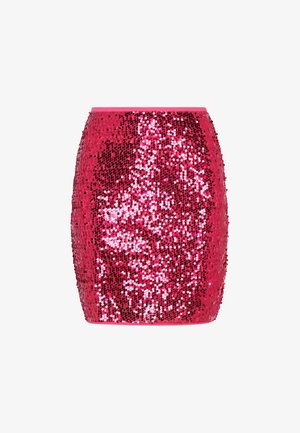 Strakke mini-rok met roze pailletten die het gehele oppervlak bedekken, voorzien van een gladde tailleband en een slanke cilindervorm.