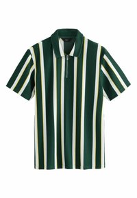 Kurzärmeliges Polohemd mit vertikalen Streifen in Dunkelgrün, Weiß und Gelb. Hergestellt aus geripptem Stoff mit einem Reißverschluss am Kragen.