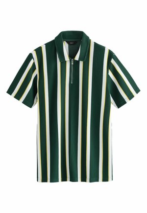 Polo shirt à manches courtes avec des rayures verticales vertes, blanches et jaunes, en tissu côtelé texturé, et un col zippé court.