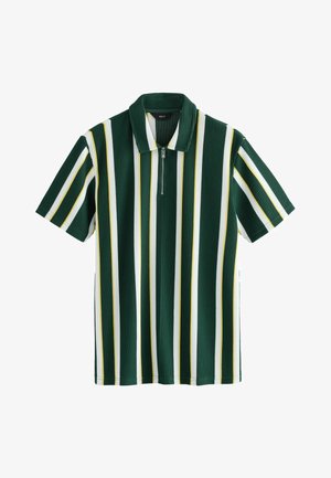 Kortærmet polo med lodrette striber i mørkegrøn, hvid og gul. Fremstillet af ribstrikket stof med en lynlåsåben krave.