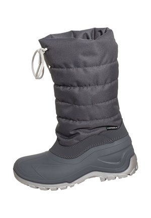 Tall gray winter boot with padded textile upper, drawstring closure, rubber sole, and reinforced waterproof lower section.