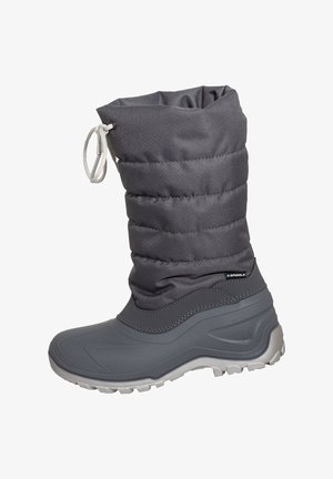 Tall gray winter boot with padded textile upper, drawstring closure, rubber sole, and reinforced waterproof lower section.