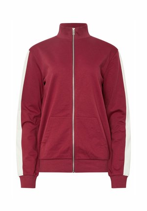 Veste zippée bordeaux avec col montant, panneaux latéraux crème, deux poches avant, poignets et ourlet côtelés, fabriquée en tissu doux en mélange de coton.