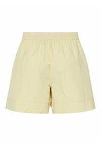 Dzelteni un balti svītraini šorti ar elastīgu jostu, tiem ir brīva piegriezuma un salocīts apakšmala. Izgatavoti no viegla auduma.