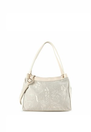 Sac à épaule beige avec broderie florale, doubles poignées et bandoulière réglable, présenté sur un fond blanc.