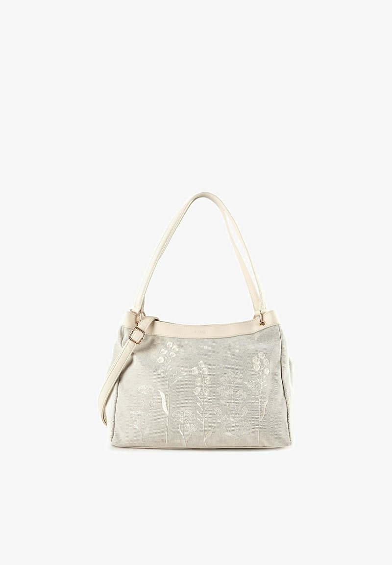 Sac à épaule beige avec broderie florale, doubles poignées et bandoulière réglable, présenté sur un fond blanc.