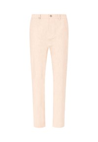 Pantaloni beige a gamba dritta con chiusura a bottone e zip, passanti per cintura e una sottile texture verticale.