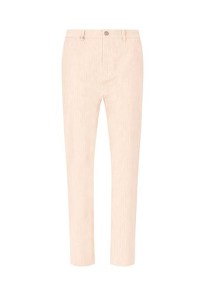 Pantaloni beige a gamba dritta con chiusura a bottone e zip, passanti per cintura e una sottile texture verticale.