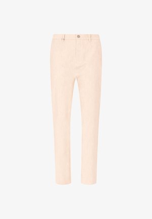 Pantaloni beige a gamba dritta con chiusura a bottone e zip, passanti per cintura e una sottile texture verticale.