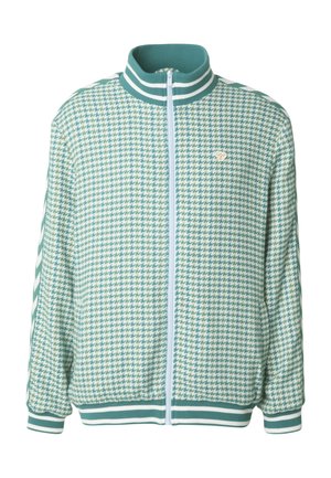Træningsjakke i lyseblåt hundetandsmønster med lynlås foran og ribbet krave, manchetter og kant samt hvide striber på ærmerne.