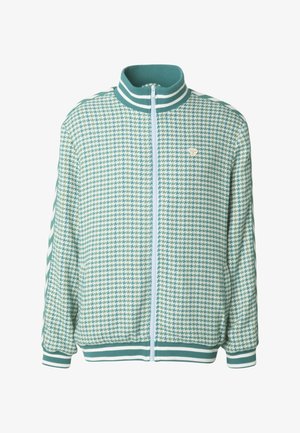 Trainingsjack in lichtblauw pied-de-poule patroon, met een ritssluiting aan de voorkant en geribbelde kraag, manchetten en zoom met witte strepen op de mouwen.