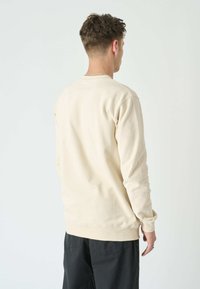 Light beige long-sleeve sweatshirt with a crew neckline, ribbed cuffs, and hem. Soft fabric, relaxed fit. Featured on a plain background.