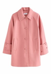 Roosa villane jakk ümara kaelusega, suurte esiknöpudega, kahe küljetaskuga ja laia varrukaga, millel on nööbid kaunistuseks. Sile tekstuur.