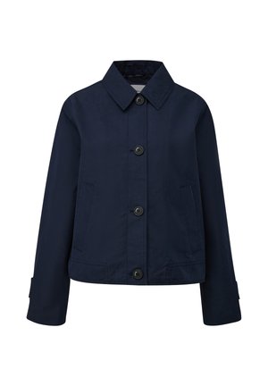 Marineblaue Jacke zum Zuknöpfen mit Kragen, langen Ärmeln, zwei seitlichen Taschen und geradem Saum.