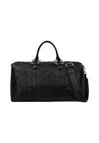 Black duffel bag made of textured material, featuring two top handles, an adjustable shoulder strap, and diamond-pattern accents.